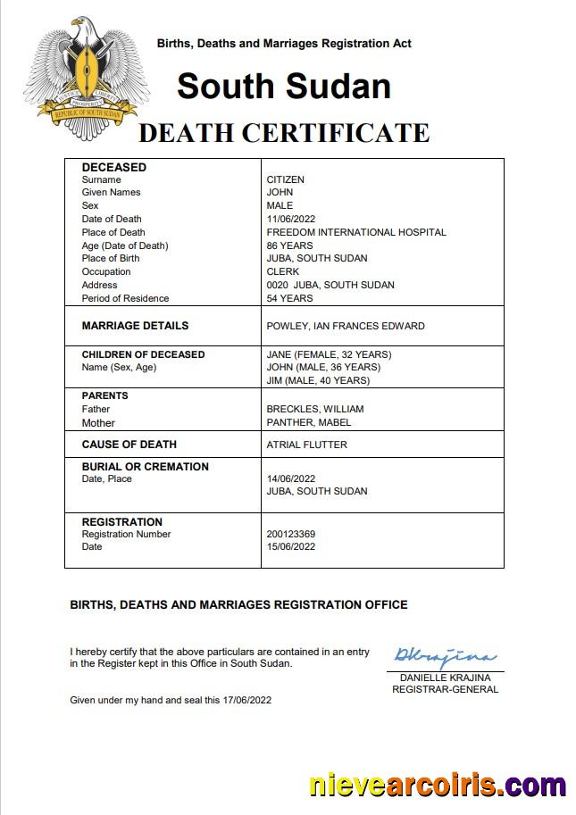 South Sudan vital record death certificate